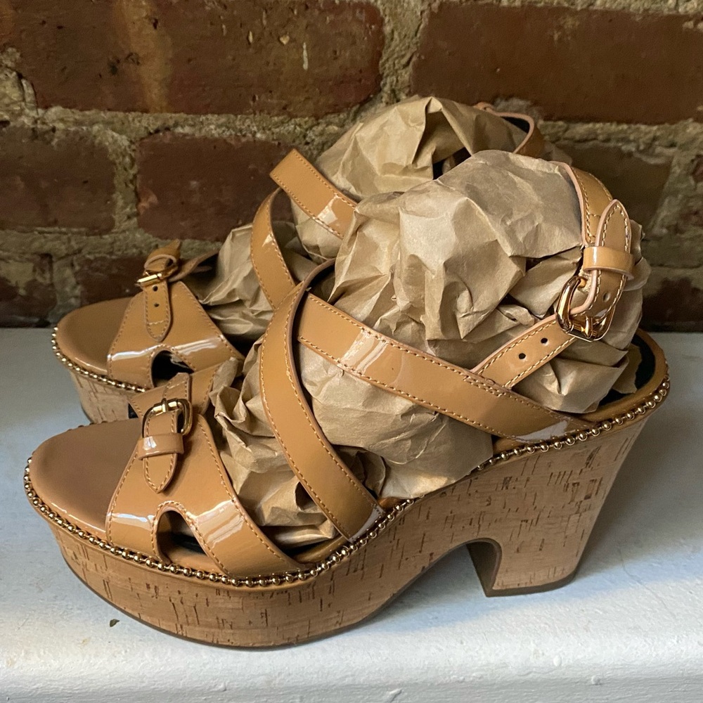Coach Patent Leather Strappy Wedge Platform - Nude - Sz 7
